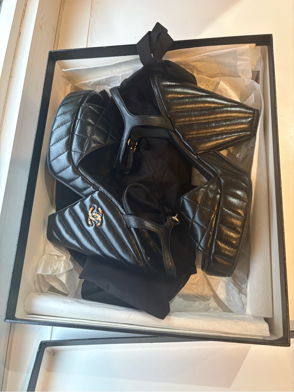 CHANEL Black Quilted Leather Platform Sandals -size 7 - Picture 7 of 17
